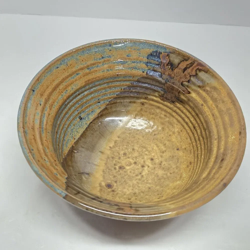 Vintage Studio Pottery Bowl Artist Signed Tan Blue Glazed Cottagecore